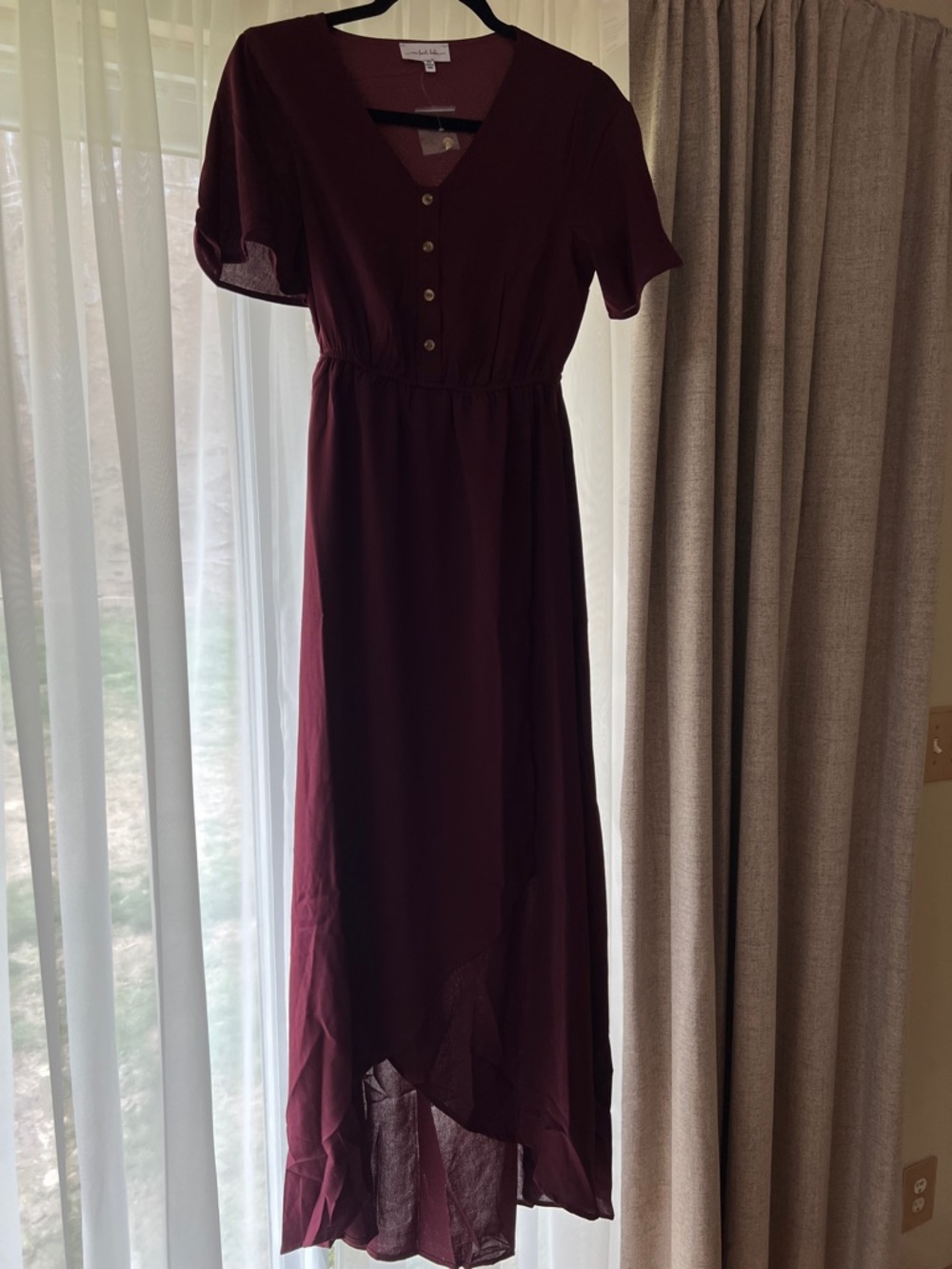 V-Neck High-Low Midi Dress in Burgundy